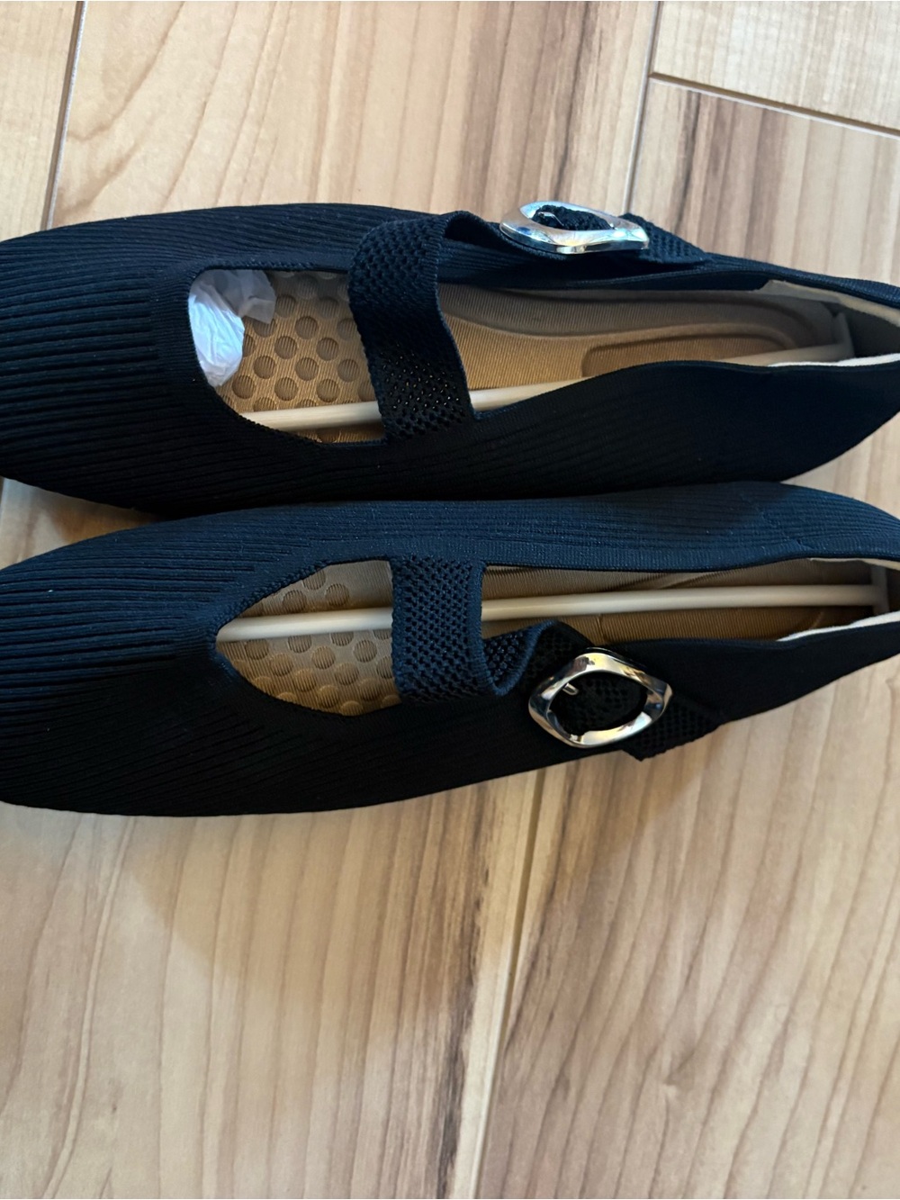 Black Mary Jane Knit Flats with Silver Buckle